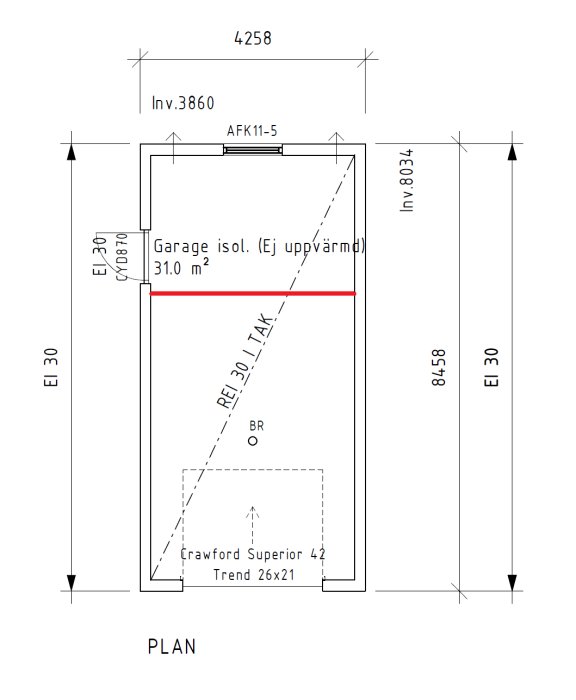 Ritning av garage med markerat rött streck där en ny innervägg för kontor planeras.