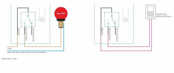 Två elektriska kopplingsscheman, en med en 70W lampa och den andra med en batteridriven dörrklocka/lampa.