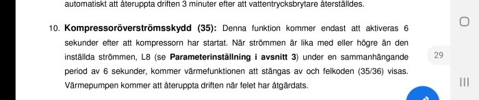 Skärmdump av en manual som beskriver kompressoröverströmsskyddsfunktionen och dess aktivering vid specifika förhållanden.