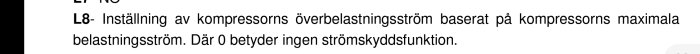 Utdrag ur en manual som beskriver inställning för kompressorns överbelastningsström.