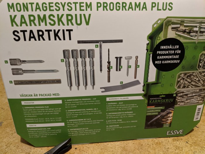 Montagesystem Programa Plus Startkit från Bauhaus, inkluderar olika delar och verktyg för karmmontage.