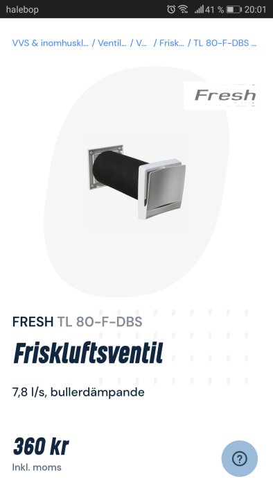 En friskluftsventil modell FRESH TL 80-F-DBS monterad på vägg, bullerdämpande, 7,8 l/s.