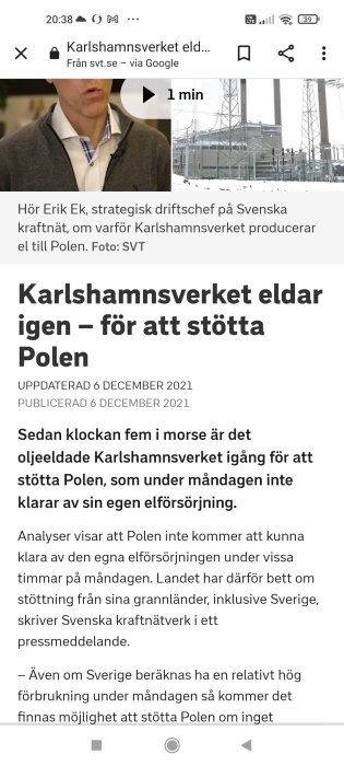 Skärmdump från en artikel om Karlshamnsverket som ger elektricitet till Polen, med bild på kraftverket och artikeltext.