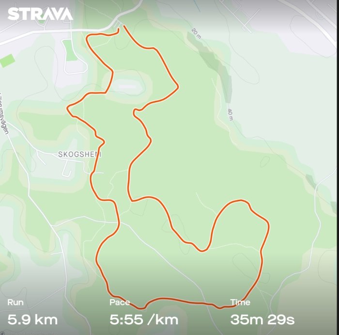 Kartskärmdump från Strava som visar en löprutt på 5.9 km med tempot 5:55/km och tiden 35m 29s.