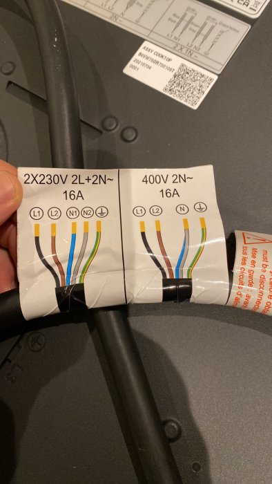 Anvisning för elanslutning av induktionshäll som visar kablar för 2x230V och 400V konfigurationer.