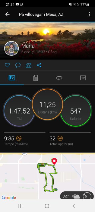 Skärmdump av träningsapp som visar promenadsträcka på 11,25 km i Mesa, AZ med tid, kalorier och höjddata.