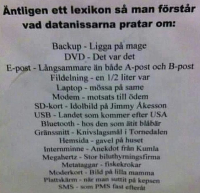 Humoristisk lista som omdefinierar datatermer med enklare, vardagliga förklaringar på en tryckt sida.