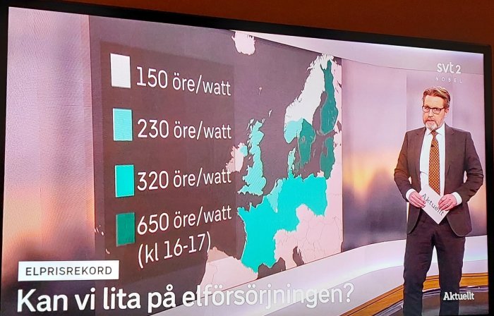 TV-skärm med elprisrekord graf och nyhetspresentatör, text angående elförsörjning.