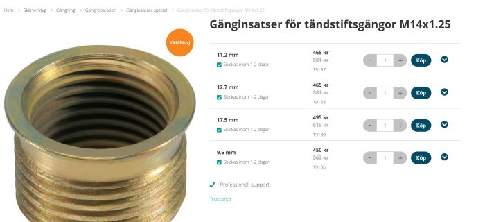 Mässingsgänginsats för tändstiftsgängor med tydliga gängor och priser för olika storlekar.