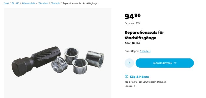 Reparationssats för tändstiftsgänga med en verktygspinne och flera metallhylsor.