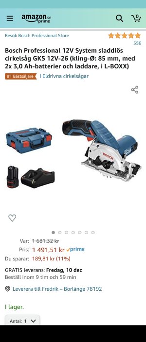 Bosch sladdlös cirkelsåg 12V med 2x3.0Ah batterier och snabbladdare i förpackning.