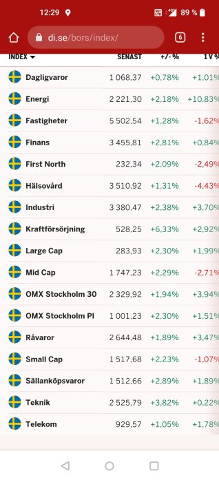 Skärmdump av en aktieindexlista med olika branscher, varav Kraftförsörjning uppvisar en anmärkningsvärd ökning.