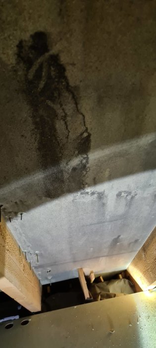 Mörka fläckar på spånskivor i vindsmiljö, eventuellt svartmögel, under lysande inspektionslampa.