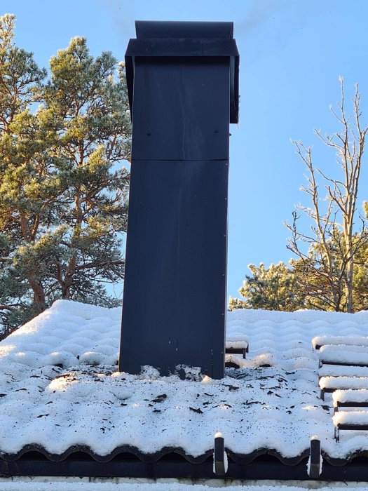 Svart skorsten med sotflagor på snötäckt tak mot en bakgrund av tallar.