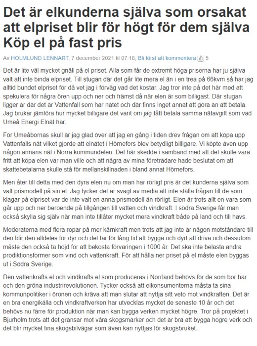 Artikel i Västerbottens-Kuriren där Lennart Holmlund diskuterar elpriserna med rubriken "Det är elkunderna själva som orsakat att elpriset blir för högt för dem själva".