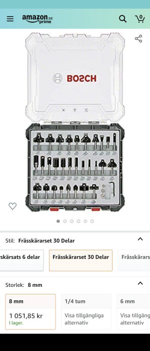 Bosch frässkärset med 30 delar i ett organiserat fodral, visas på Amazon.