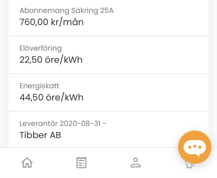 Skärmdump från Tibber app som visar elpriser: abonnemangsavgift, överföringsavgift och energiskatt.