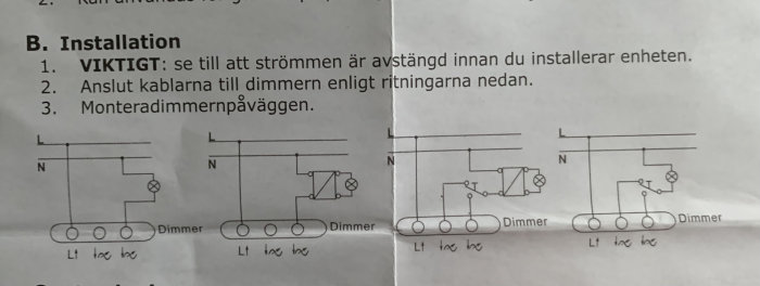 Elektrisk kopplingsschema för installation av dimmer med två olika konfigurationer.