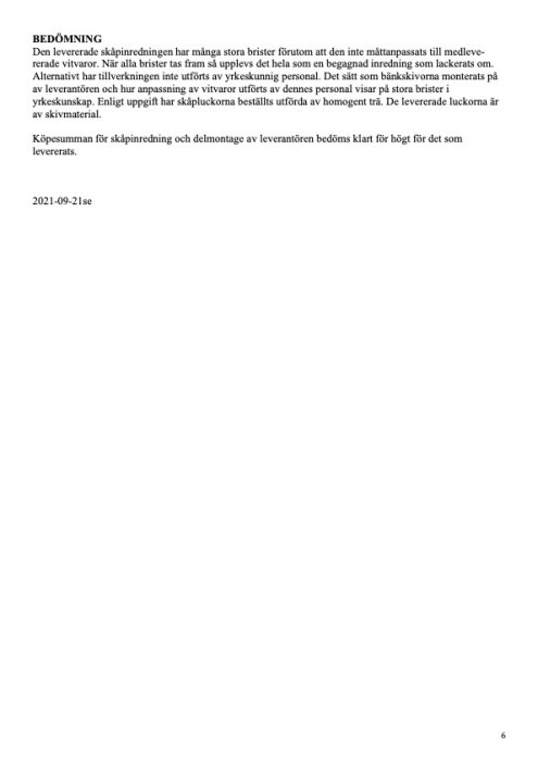 Dokument med text om bristfälliga skåpinredningar och ett anmält köksföretag, daterat 2021-09-21.