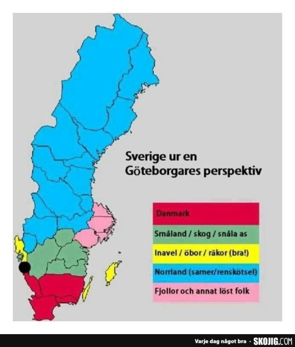 Humoristisk karta över Sverige med stereotyper ur en göteborgares synvinkel, inklusive etiketter som "Danmark" och "Norland".