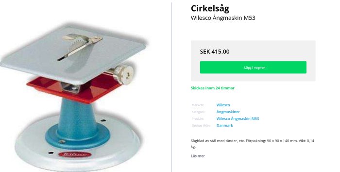 En cirkelsåg från Wilesco ångmaskin M53 med blå och röd bas och en silverfärgad sågblad på vit bakgrund.