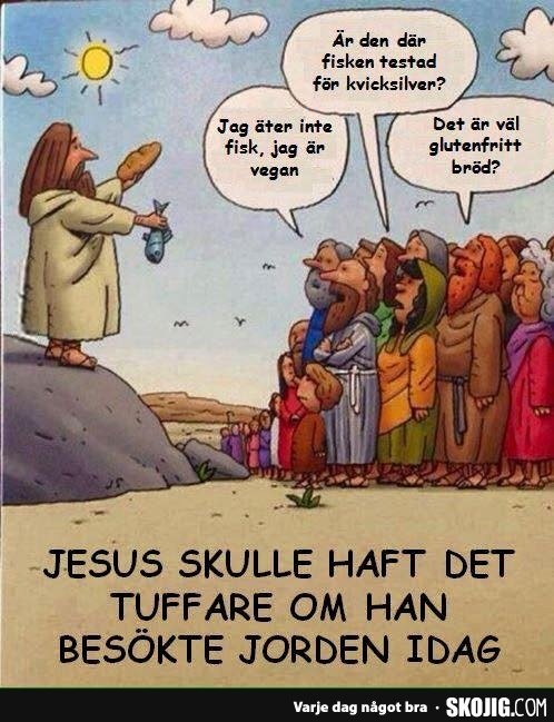 Tecknad bild av en Jesus-figur som erbjuder fisk till skeptiska människor med moderna matpreferenser.