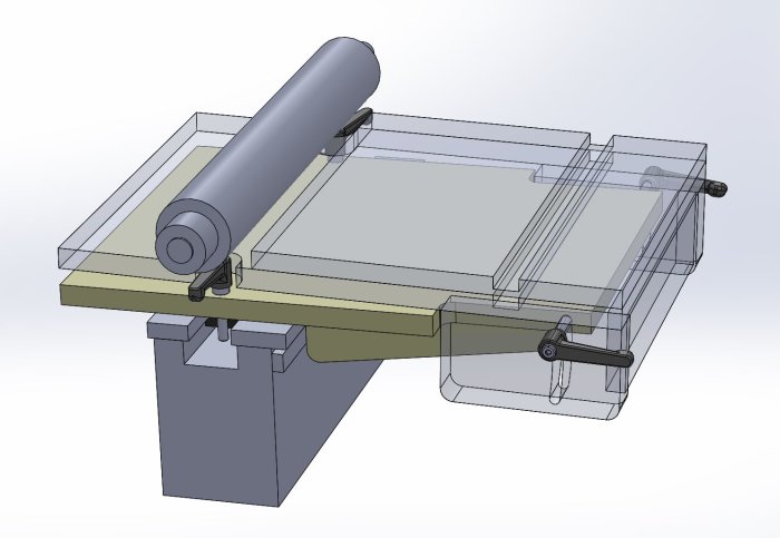 3D-CAD-ritning av en putsjigg med justerbar höjd, större arbetsyta och putsrulle.