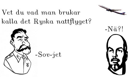 Tecknat skämt med porträtt av Stalin och en man, samt en wordplay "sov-jet" med en flygplansillustration.