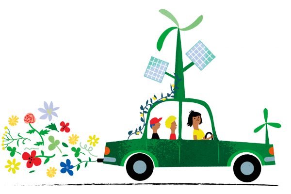 Illustration av en grön bil med solpaneler, vindturbin och blommor, symboliserar ekologiskt transportmedel.