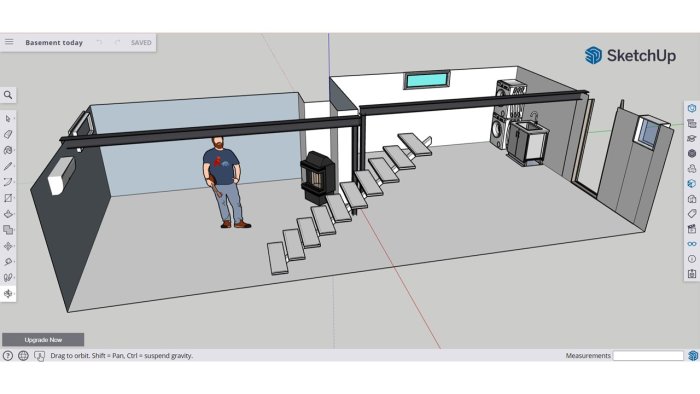 SketchUp-modell av en källare med person, trappa, vedspis och tvättstuga-layout.