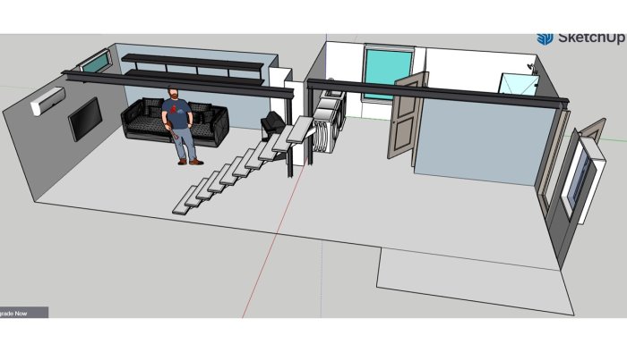 Sketchup-ritning av källare med tvätthörna, trappa och möbler.