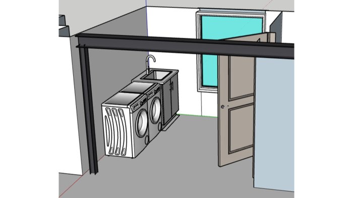 Skiss i 3D av en planerad tvätthörna i en källare med tvättmaskin, torktumlare och handfat samt två små fönster.