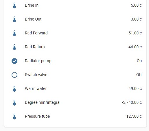 Skärmdump av värmepumpens gränssnitt visar olika temperatur- och driftvärden, inklusive radiatorpumpens status.