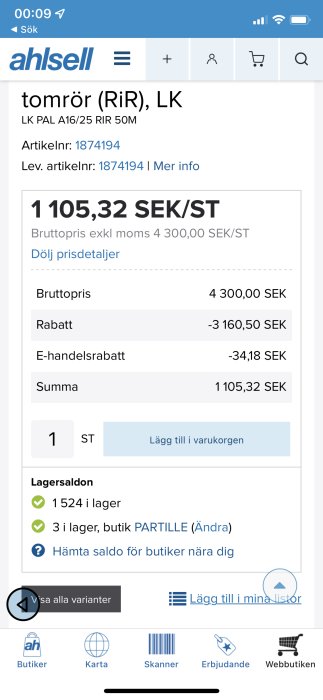 Skärmdump från Ahlsell butik visar prisinformation för LK PEX-rör, med rabatt och slutpris.