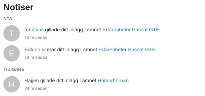 Skärmdump av notiser på ett diskussionsforum som visar nya och tidigare interaktioner med användarens inlägg.