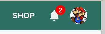 Notifikationsklocka med en röd cirkel och siffran 2, bredvid en profilbild föreställande Super Mario