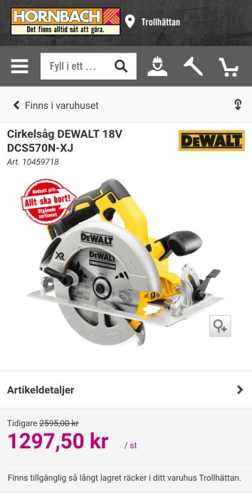 DeWalt cirkelsåg 18V DCS570N-XJ på rea för 1297,50 kr hos Hornbach Trollhättan.