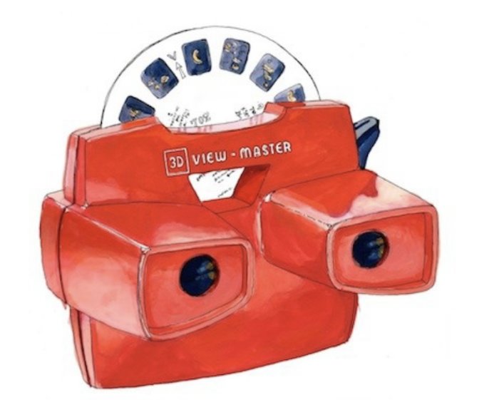 Illustration av en röd View-Master, ett tidigt stereo-bildvisningssystem.