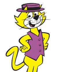 Tecknad figur Top Cat med lila hatt och väst, står i profil i en gränd.