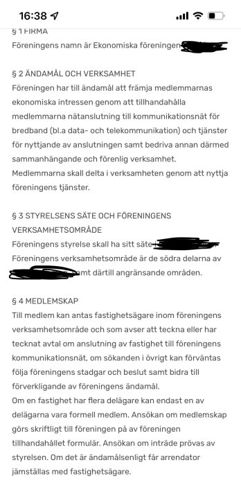 Skärmdump av ett dokument med texten "Här kommer föreningens stadgar" som visar starten på ett stadgedokument.