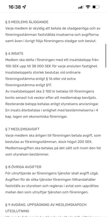 Skärmdump av en textdokument som visar stadgar för en förening inklusive medlemsåliggande och avgifter.