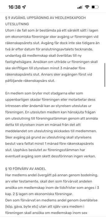 Skärmdump av föreningens stadgar om avgång och uteslutning av medlemmar.