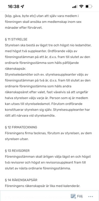 Skärmdump av en textdokument som visar stadgar från en förening, inklusive styrelse och revisorer.