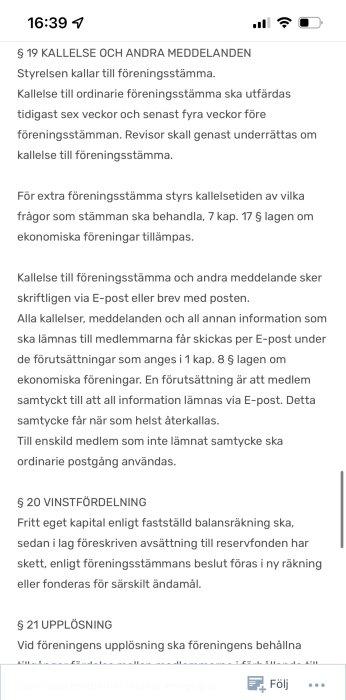 Skärmdump som visar texten ur en förenings stadgar om kallelse till stämman och vinstfördelning.