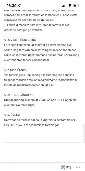 Skärmdump av ett dokument som visar stadgar om vinstfördelning och upplösning i en förening.