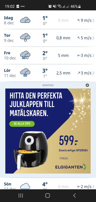 Väderappskärm visar ingen snöprognos med temperaturer runt 1-4 grader celsius och regn, omgiven av annons.