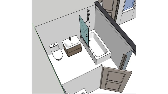 3D-modell av badrumsdesign med toalett, handfat, badkar och duschkabin i hörnet vid ett fönster.