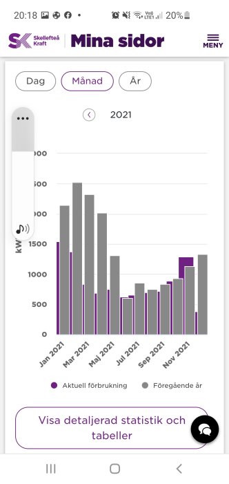 Energianvändningsdiagram för varje månad 2021, med aktuell och föregående års jämförelse.