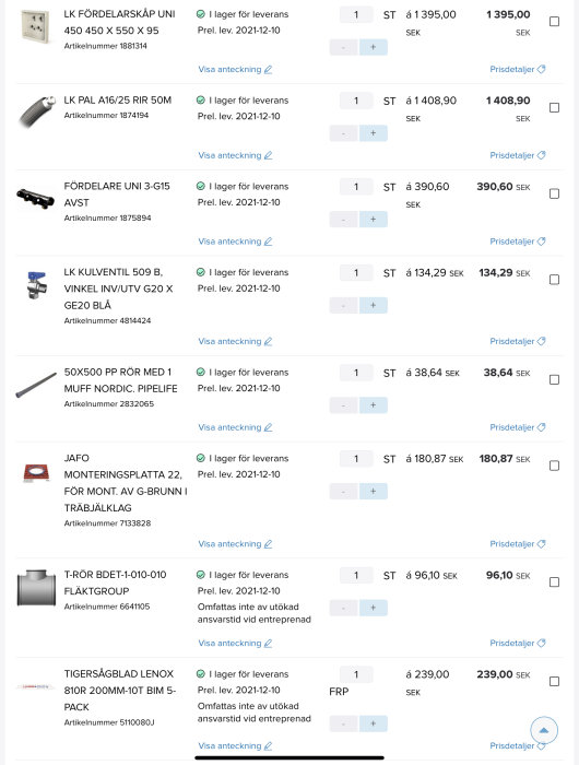 Skärmdump av en produktlista från en webbshop inkluderande priser och artikelnummer.