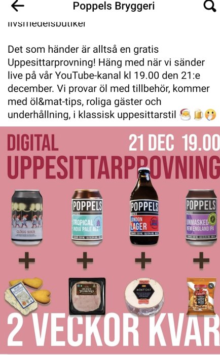 Affisch för digital ölprovning med tre olika ölsorter från Poppels Bryggeri och snackstillbehör.